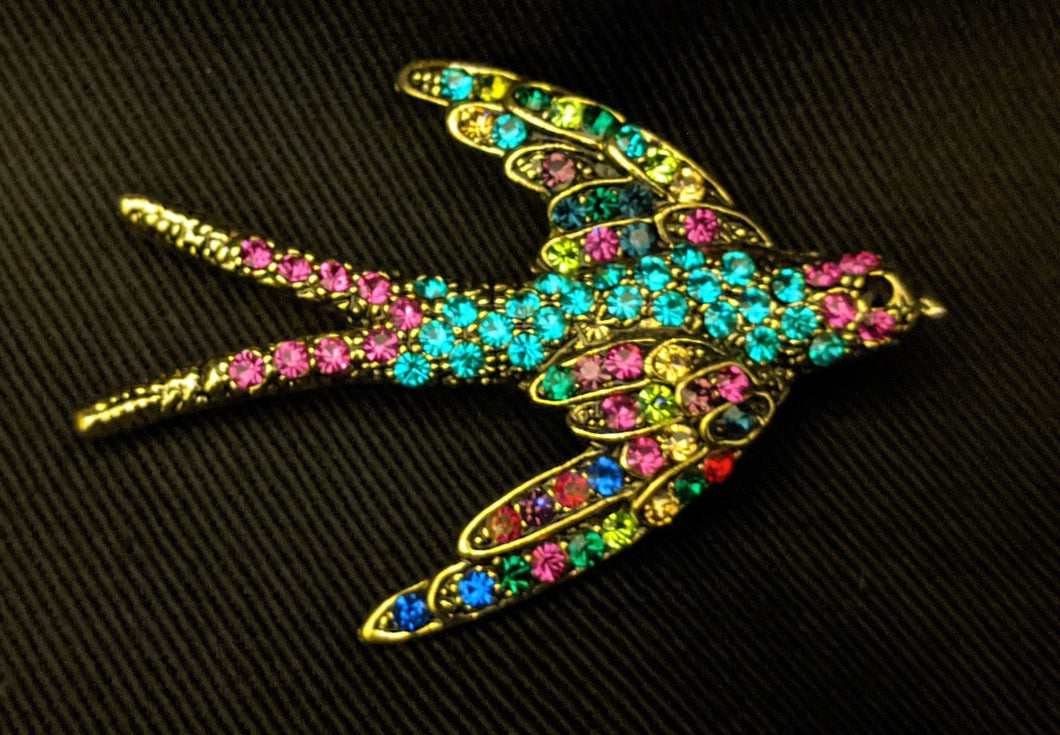 Flying Bird Brooch/Pendant - Multi Colour Diamanté