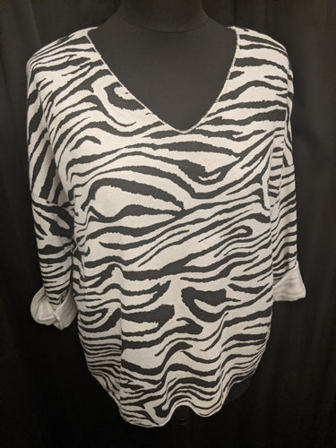 V Neck 3/4 Sleeve Top - Soft Brushed Wool Mix in Zebra Print