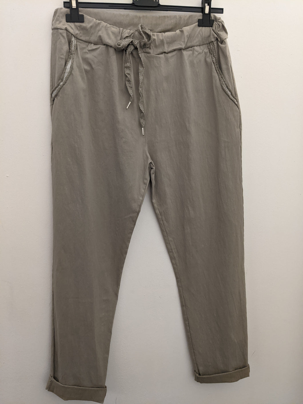 Plain Super Stretch 'Magic' Trousers - Lurex Trim Pockets with Drawstring Waist