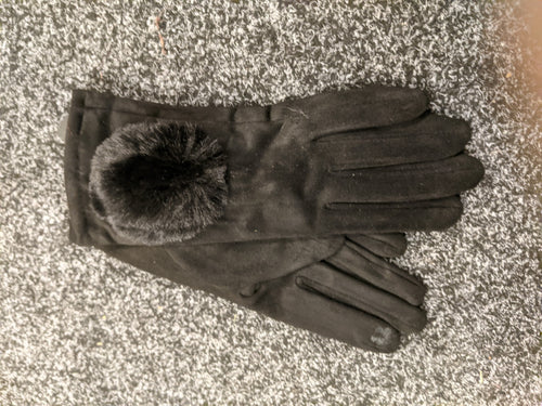 Faux Suede Gloves with Faux Fur Bobble