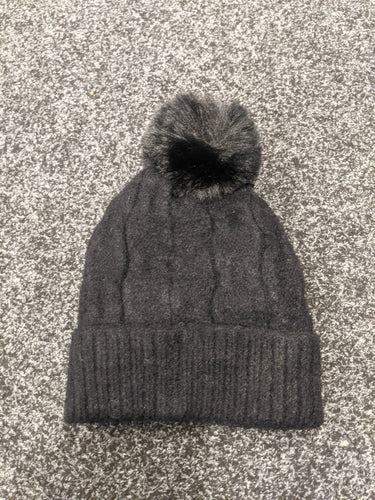 Bobble Hat in Soft Subtle Cable Knit with Fleece Lining
