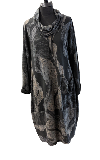 Italian Heavy  Cotton Cowl Neck Tunic/Dress - Feather Print